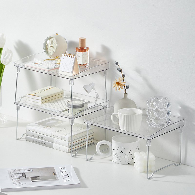 Clear acrylic shelves foldable stackable shelves on table  ชั้นวางของอะคริลิคใส พับเก็บได้ ตั้งซ้อนได้ ชั้นวางของบนโต๊ะ